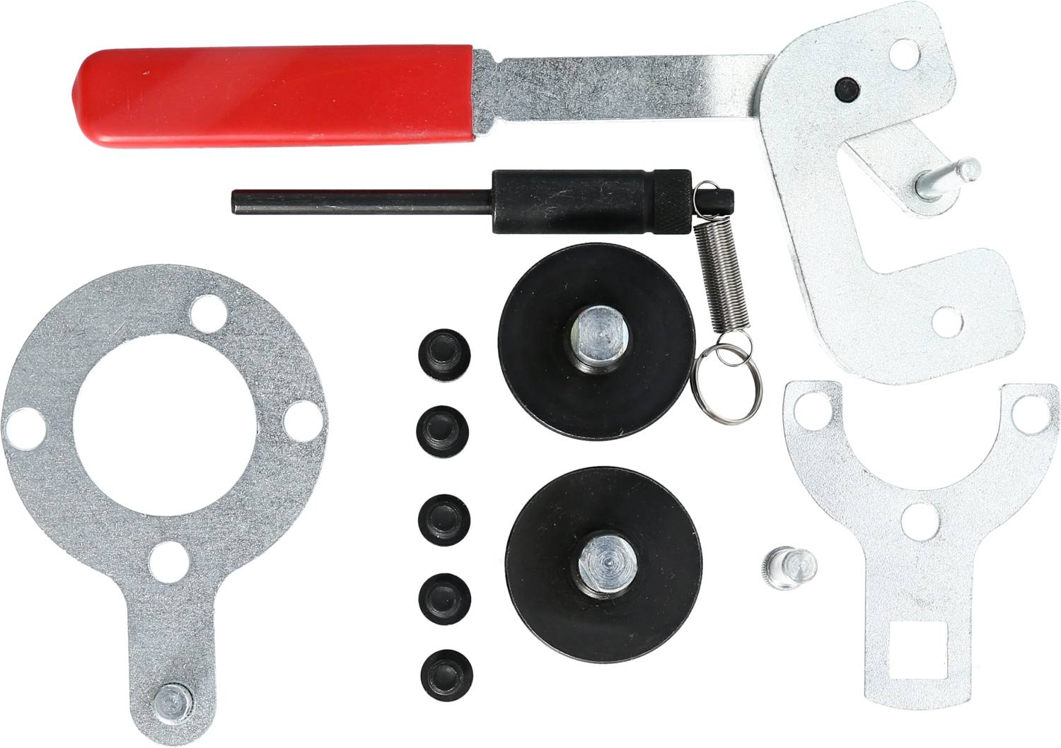 Zestaw metalowych elementów składający się z różnych części, w tym czerwonego dźwignika, pierścieni, podkładek i śrub. Narzędzie do zastosowań mechanicznych.
