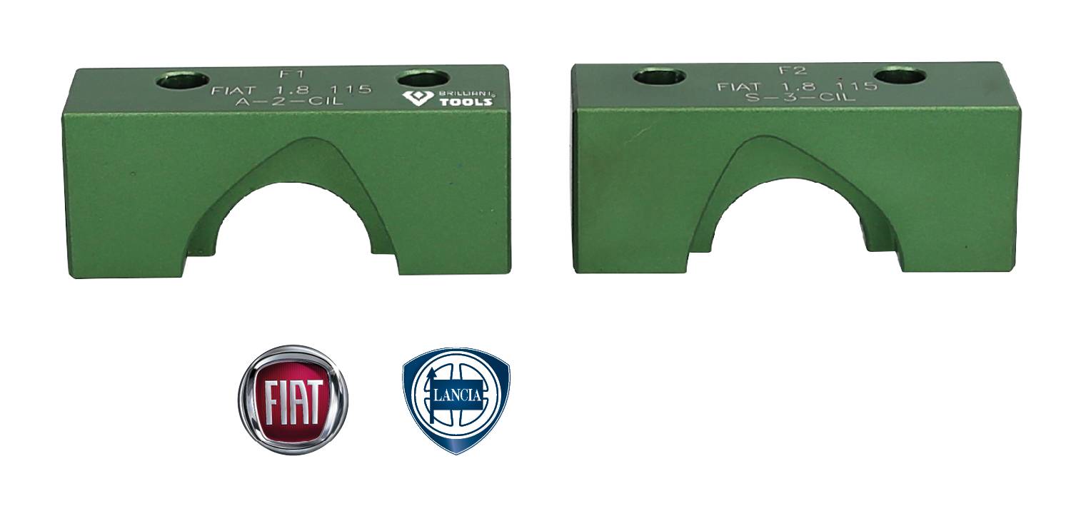 Dwa zielone uchwyty na narzędzia z oznaczeniami 'FIAT 1.8 16V' oraz logo Fiata i Lancii u dołu.