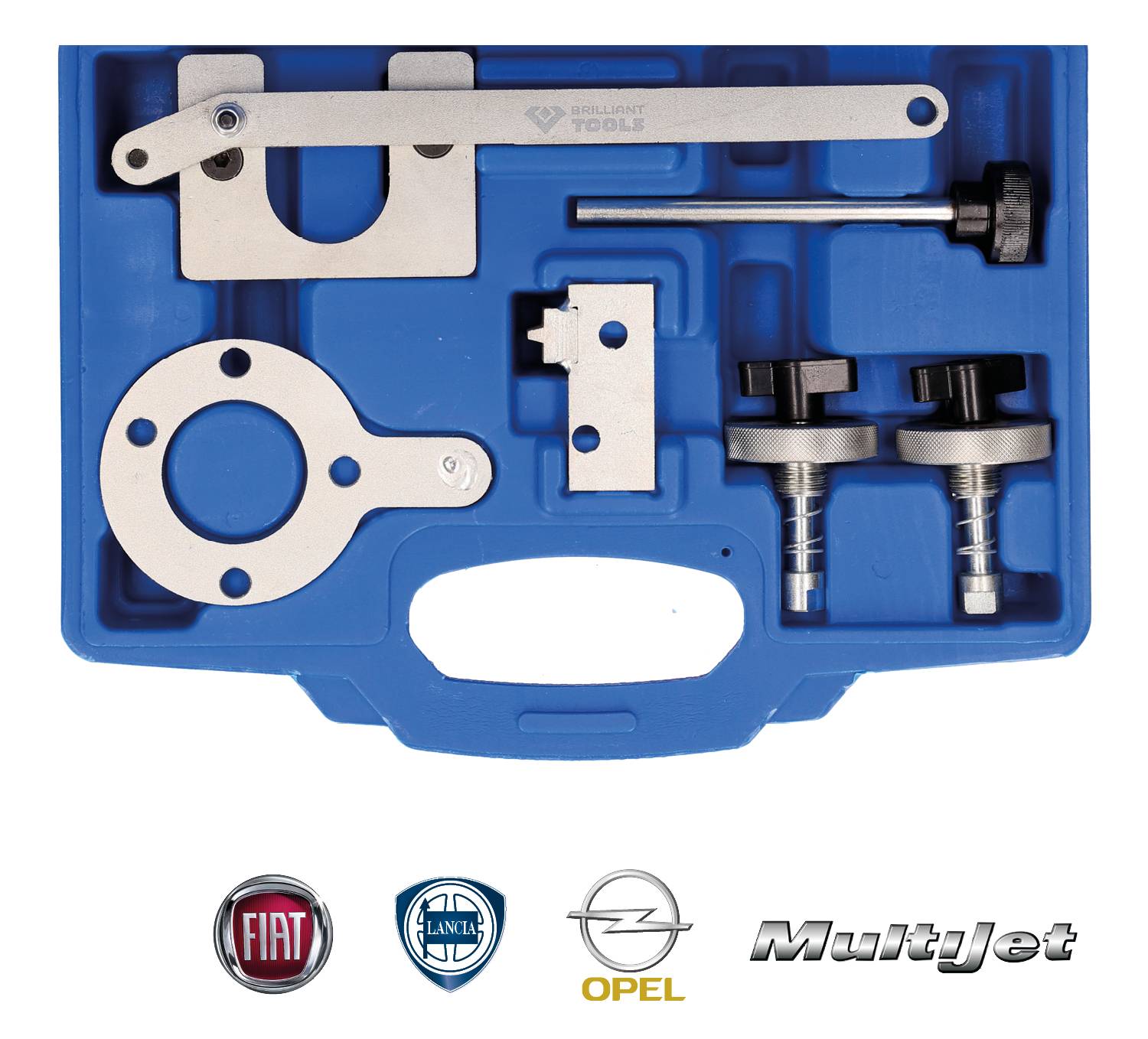 'Narzędzia do ustawiania silników Diesel Multijet firmy Fiat, Lancia i Opel w niebieskim pudełku z tworzywa sztucznego, z widocznymi częściami narzędzi i logo.'