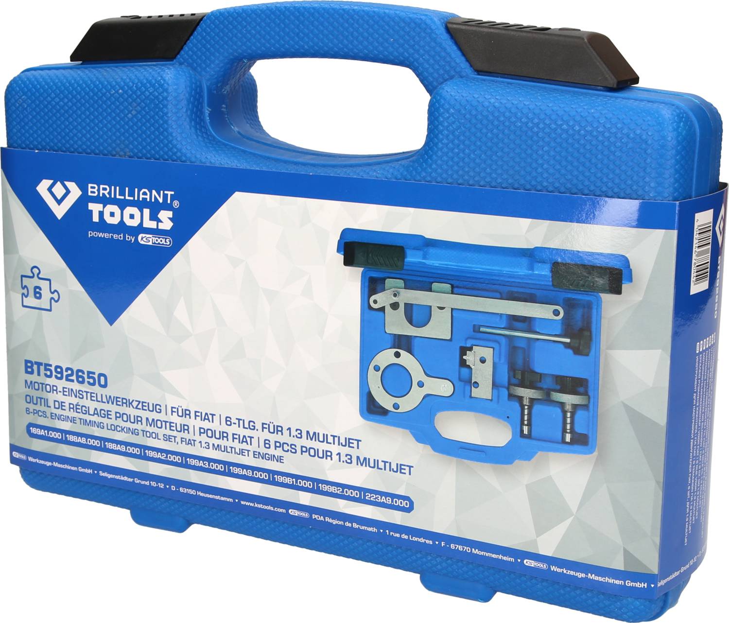 Niebieski kufer firmy 'Brilliant Tools' z zestawem narzędzi do ustawiania silników Fiata, 6-częściowy.