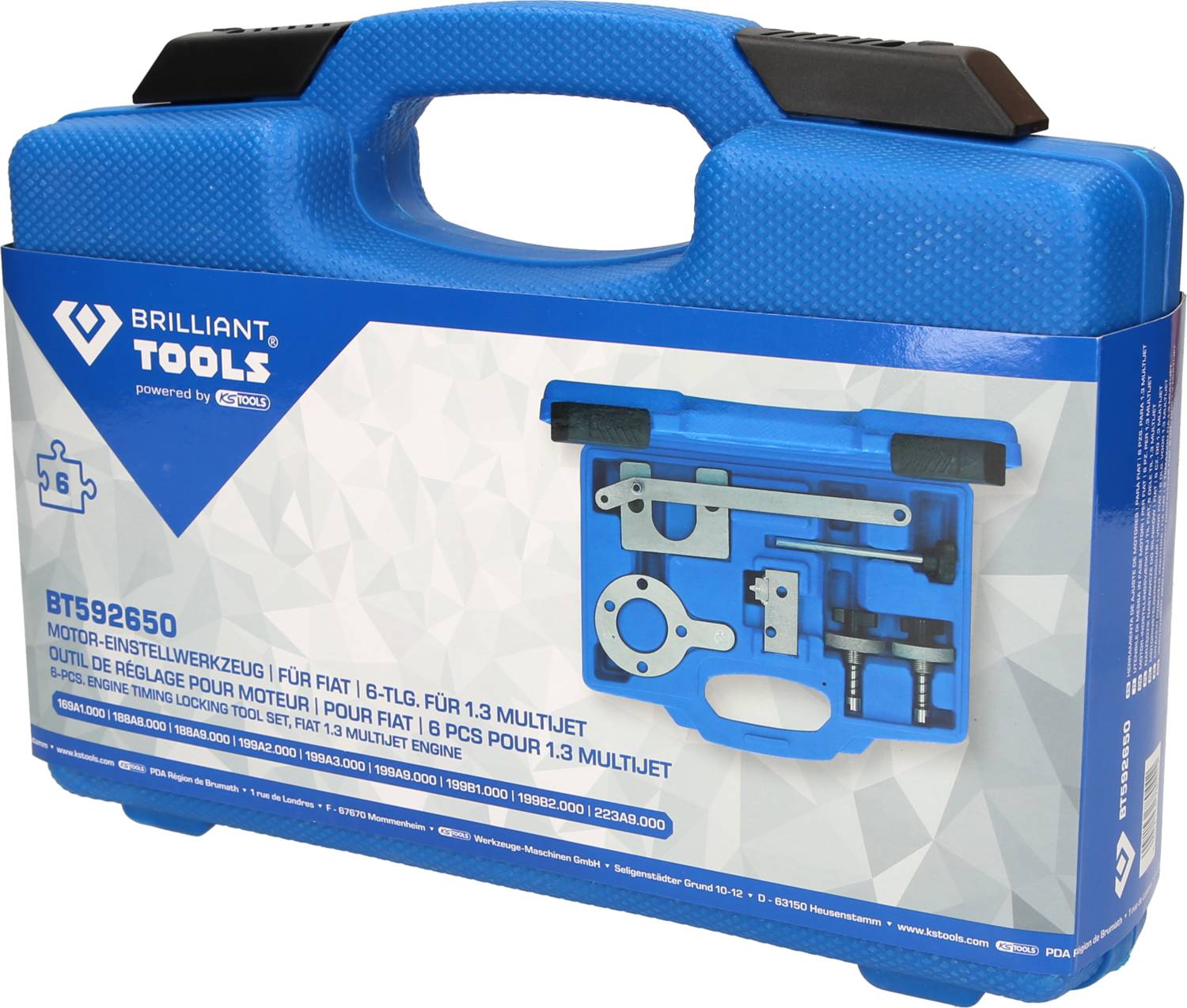 Niebieski zestaw narzędzi firmy Brilliant Tools z napisem 'Narzędzia do ustawiania silnika Fiat 1.3 MultiJet', zawierający 6 elementów.