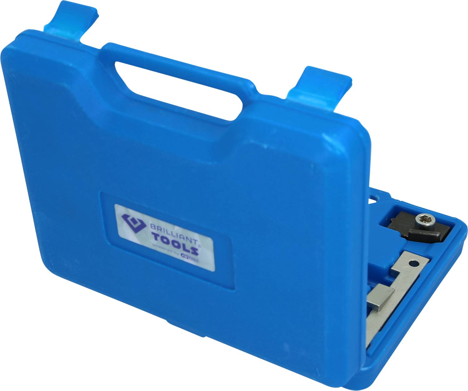 Niebieski walizka narzędziowa z tworzywa sztucznego z wbudowanymi narzędziami; logo 'Brilliant Tools' na przedniej stronie.