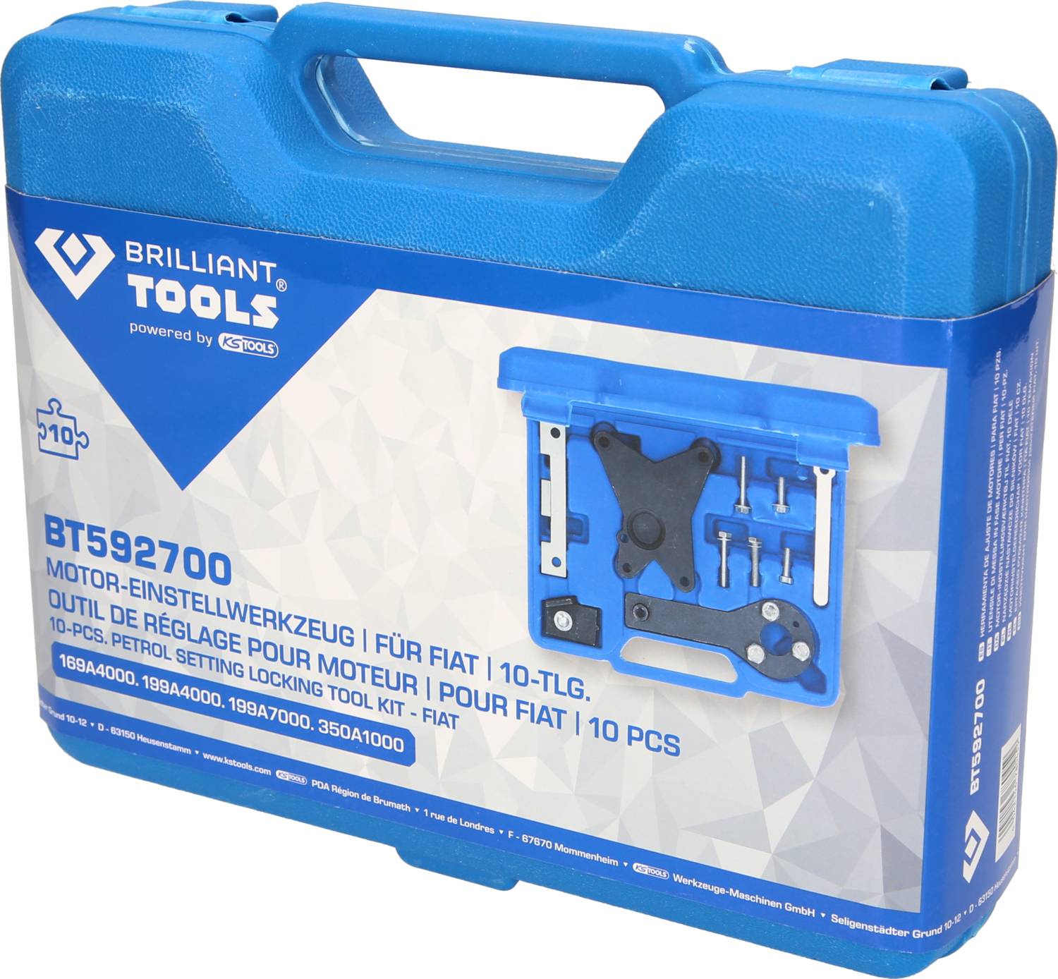 Niebieski kufer z napisem 'Brilliant Tools BT592700'. Zawiera 10-częściowy zestaw narzędzi do ustawiania silnika do modeli Fiata.