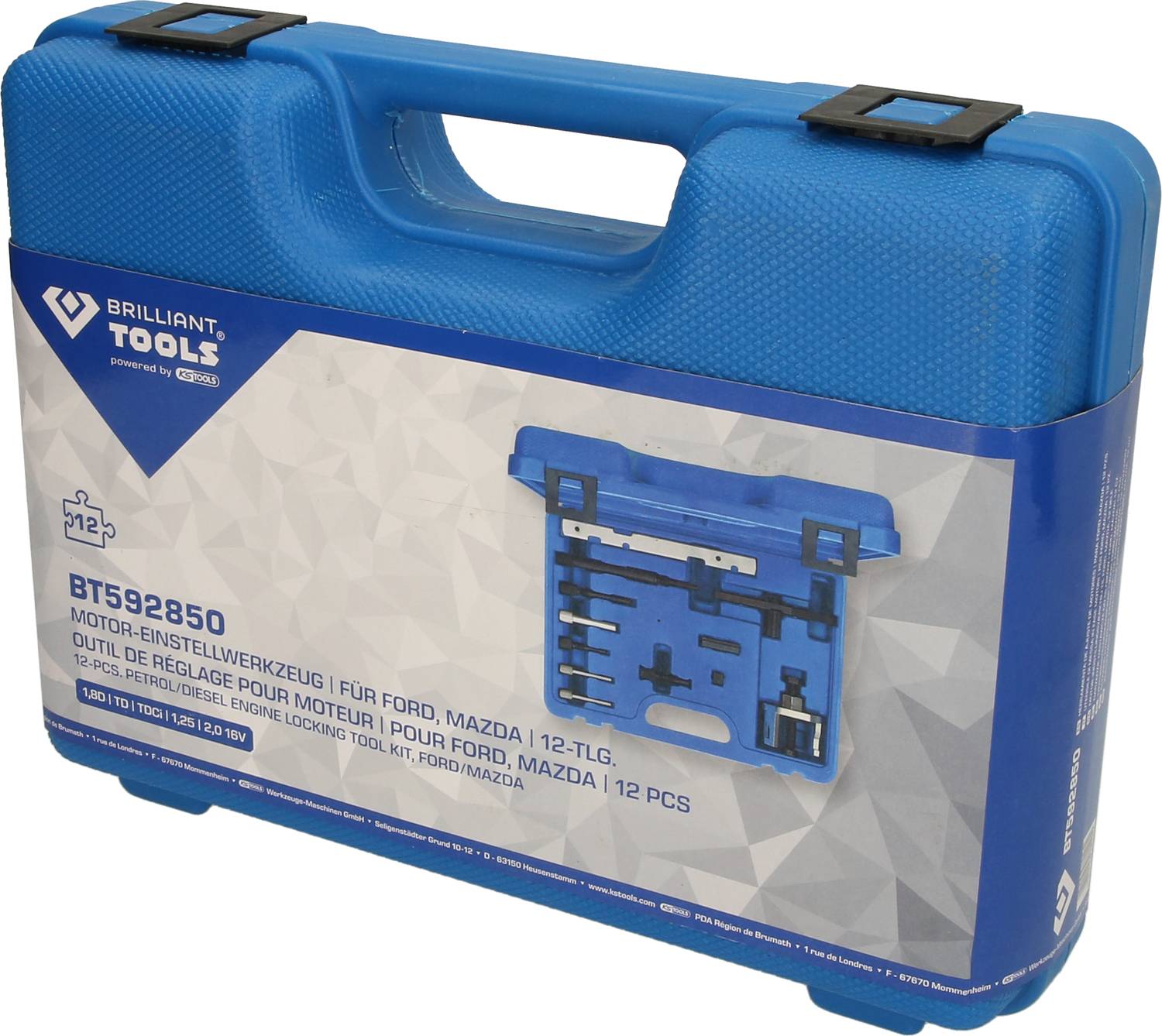 Niebieski plastikowy kufer z napisem 'Narzędzie do ustawiania silnika | Dla Ford, Mazda | 12-częściowy'. Zawiera narzędzia i wkładkę piankową.