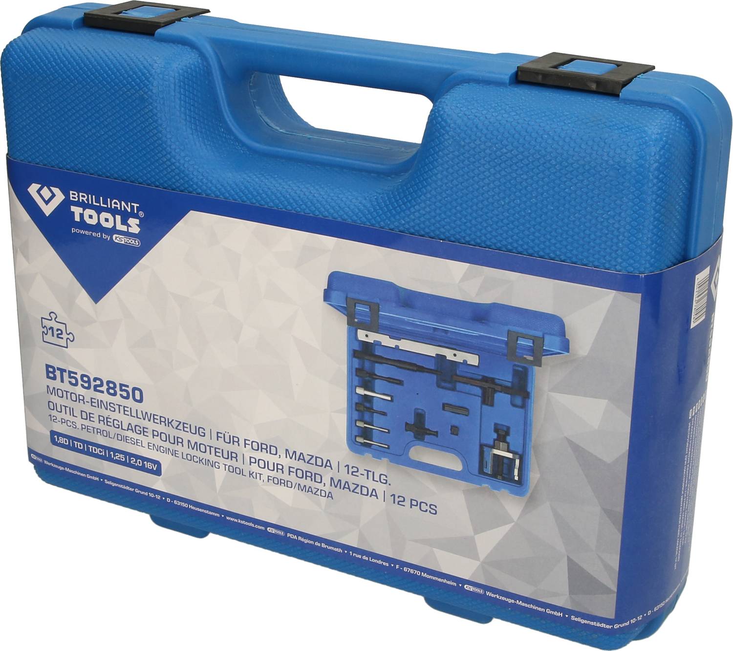 Niebieski kufer narzędziowy z napisem 'Narzędzia do ustawiania silnika Ford, Mazda' z 12-elementową zawartością, marka Brilliant Tools.