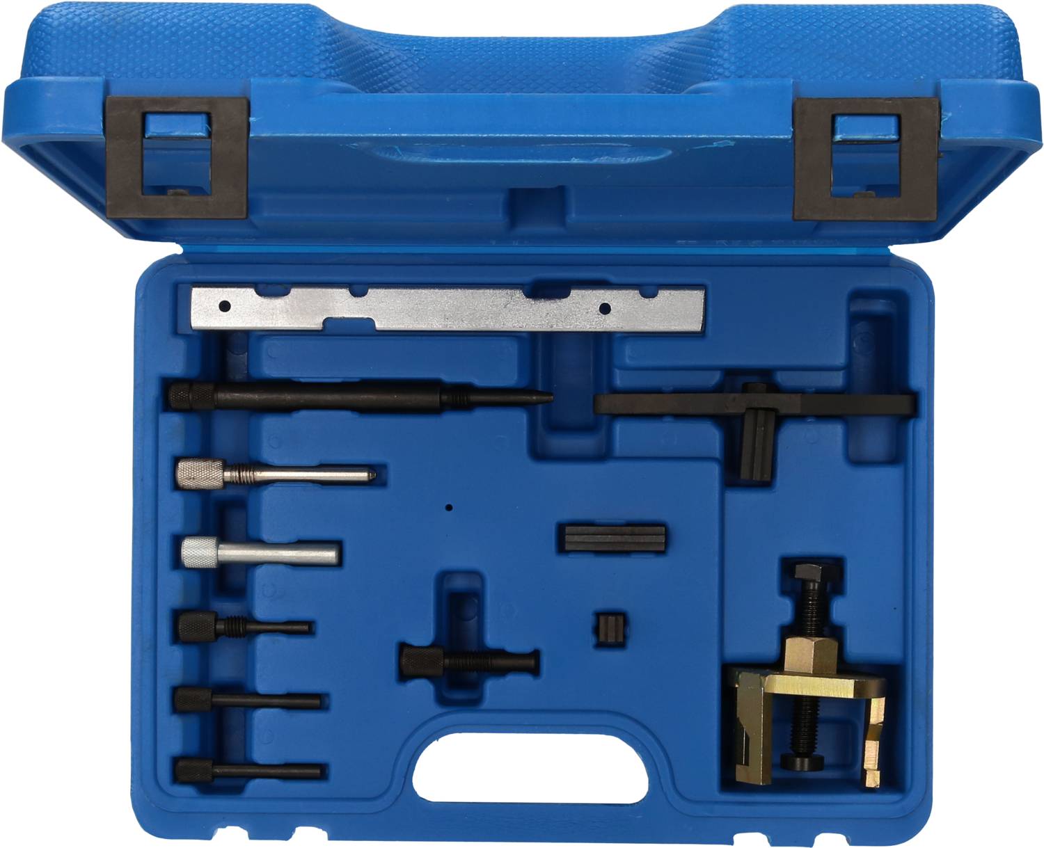 Niebieski kufer z narzędziami zawierający różne specjalistyczne narzędzia do obsługi silników, w tym kołki, śruby i uchwyty.