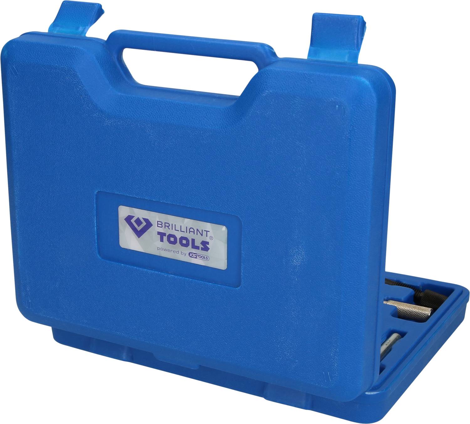 Niebieski kufer na narzędzia z logo 'Brilliant Tools'. Kufer jest częściowo otwarty, przez co widać niektóre narzędzia.