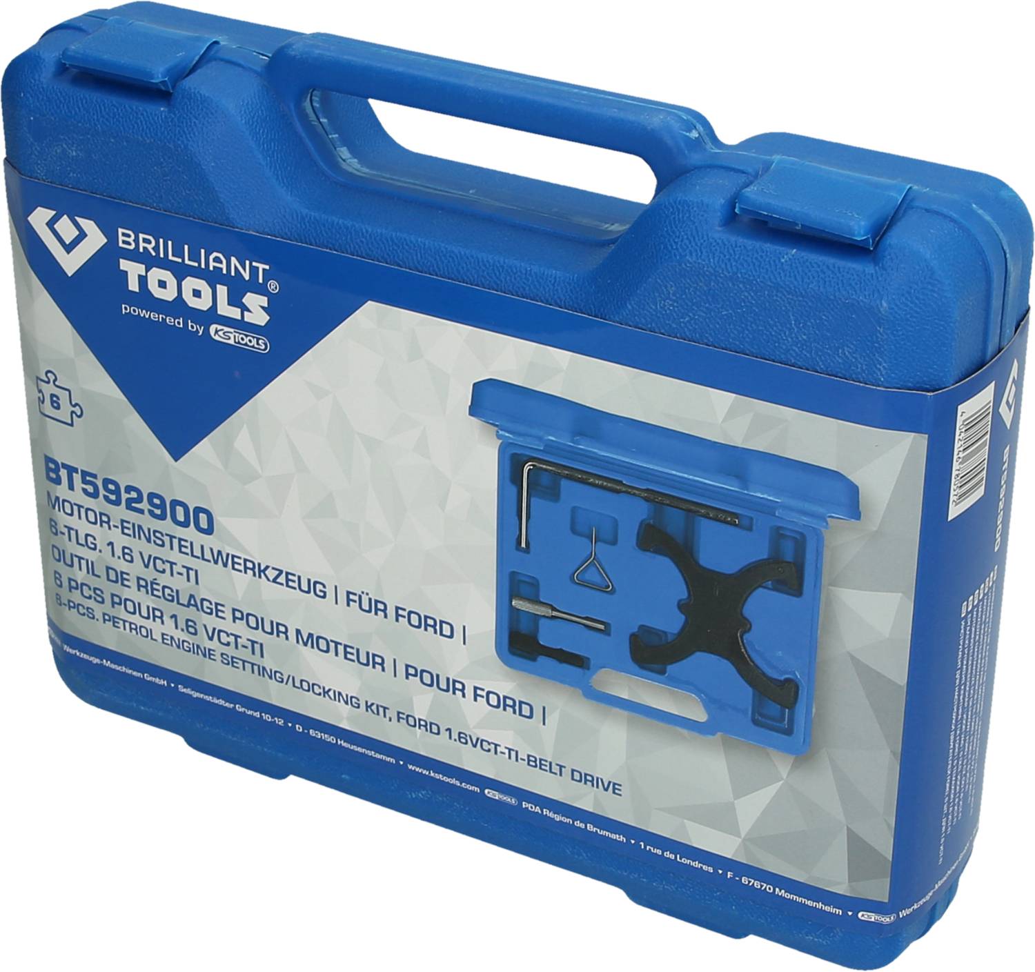 Niebieski kufer z napisem 'Brilliant Tools BT592900 Narzędzie do ustawiania silnika Ford'. Zawiera ilustrację narzędzia.