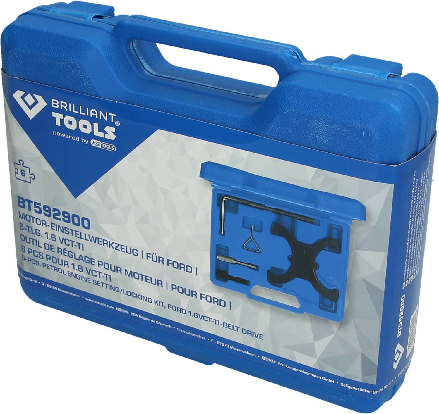 Niebieski kufer z napisem 'Brilliant Tools, Narzędzie do ustawiania silnika Ford, Zestaw 5-częściowy'. Zawiera zestaw narzędzi.