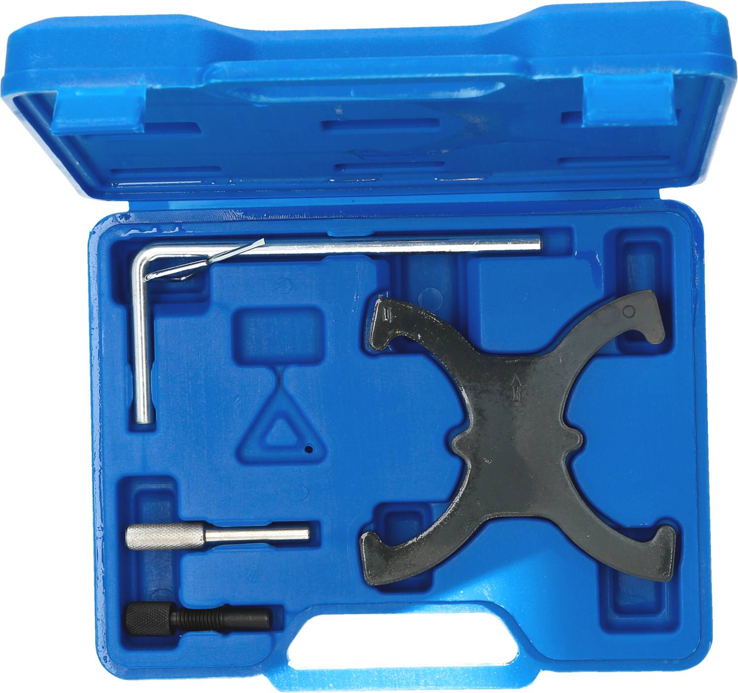 Niebieski kufer narzędziowy z czarnym kluczem nastawnym i kilkoma metalowymi prętami. Używany do ustawiania zapłonu samochodowego.