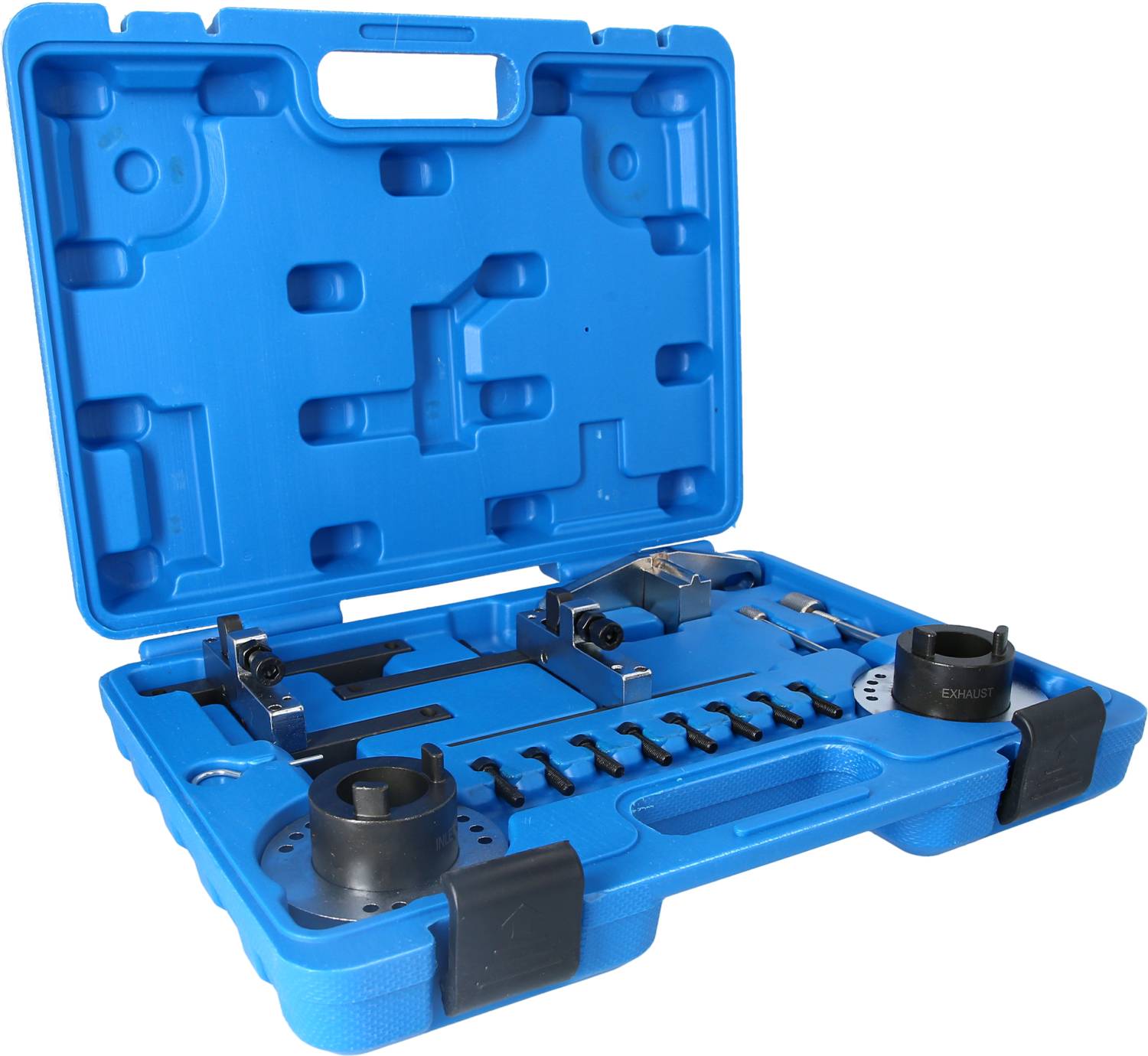Niebieskie plastikowe pudełko z narzędziami, w tym kluczami i uchwytami, przeznaczone do naprawy lub konserwacji maszyn.