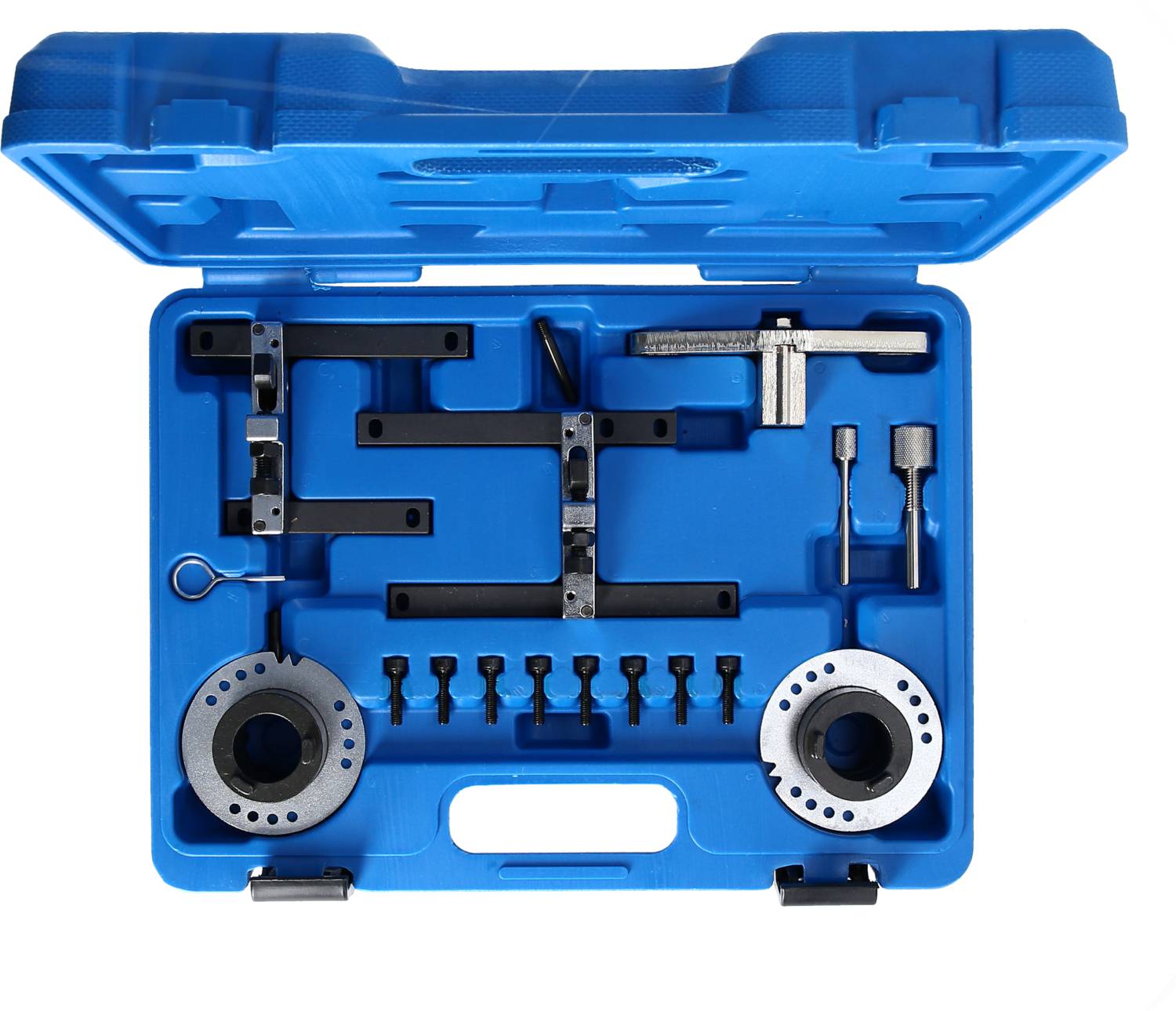 Niebieski kufer z zestawem narzędzi do napraw silników, w tym narzędziami do blokowania rozrządu i mocowaniami wałków rozrządu.