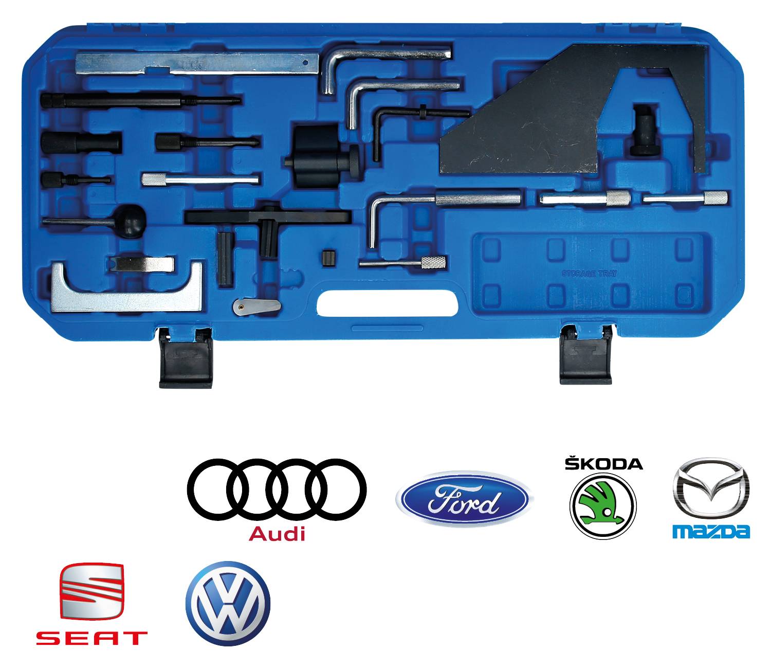 Zestaw narzędzi do paska rozrządu w niebieskim pudełku. Poniżej logo SEAT, Audi, Volkswagen, Ford, Škoda, Mazda.