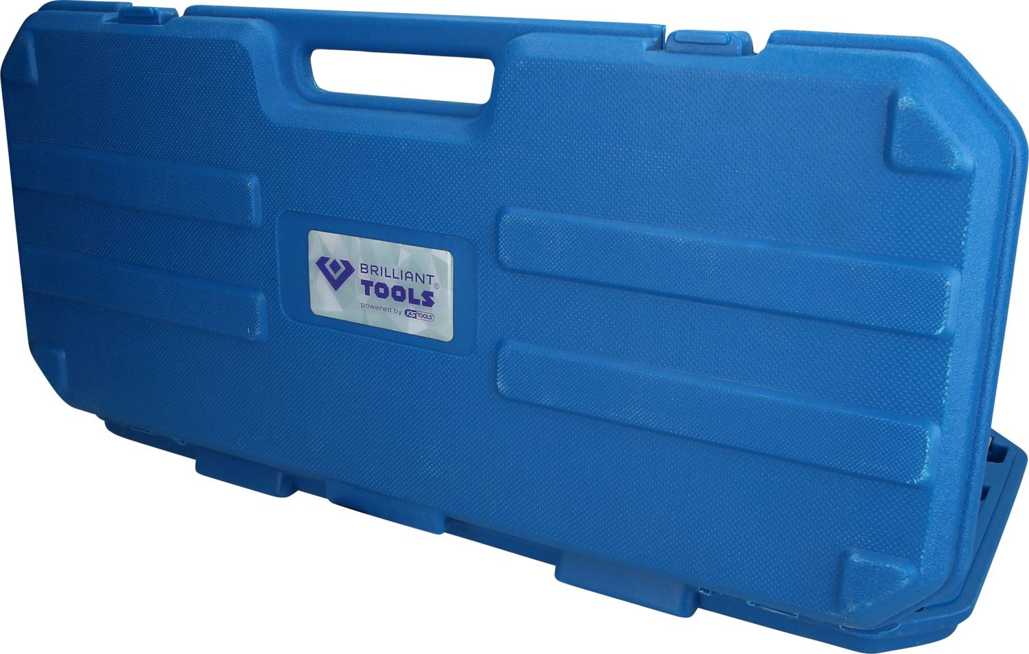 Niebieski kufer narzędziowy z uchwytem i etykietą marki 'Brilliant Tools'. Kufer posiada żebrowane wzmocnienia.