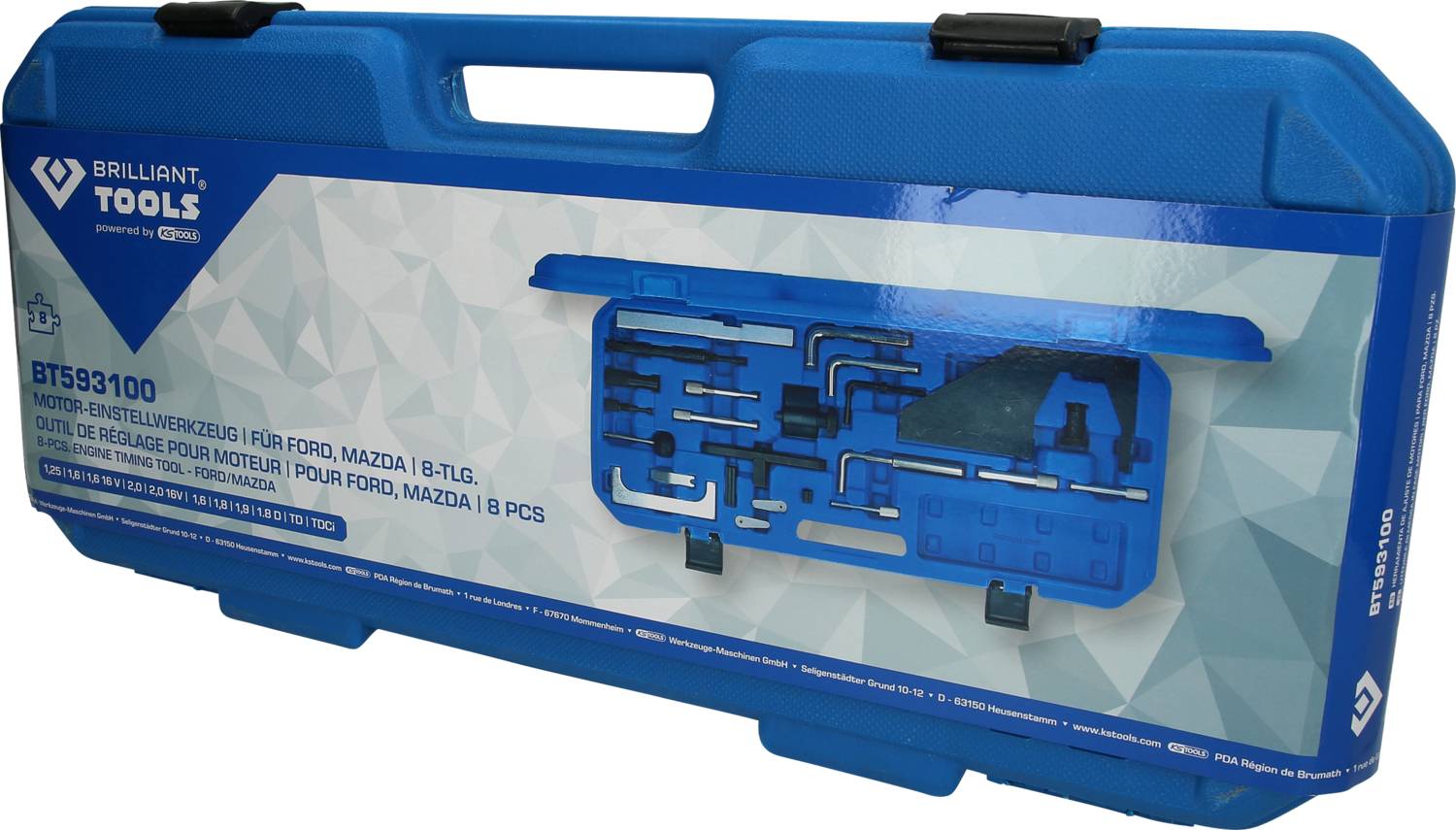 Niebieski kufer narzędziowy z napisem 'Brilliant Tools BTS93100'. Zawiera narzędzia do ustawiania silnika do samochodów Ford i Mazda.