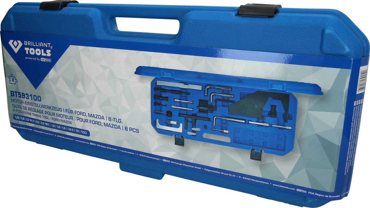 Niebieski kufer narzędziowy z napisem 'Narzędzie do regulacji silnika Ford, Mazda, 8-częściowy' i schematem zawartości wydrukowanym na obudowie.