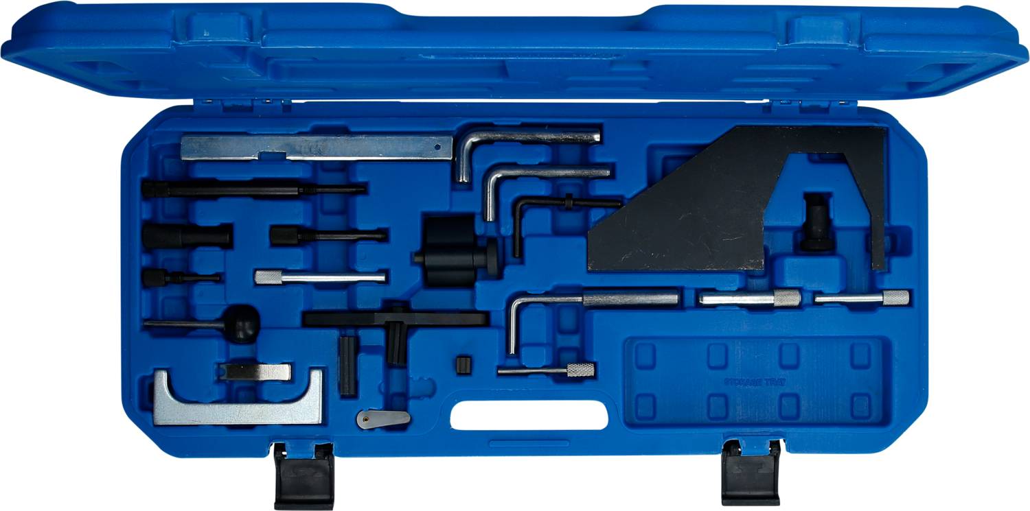 Zestaw narzędziowy z różnymi narzędziami metalowymi w wyściółce piankowej, otwarty. Głównymi narzędziami są klucze i dźwignie.