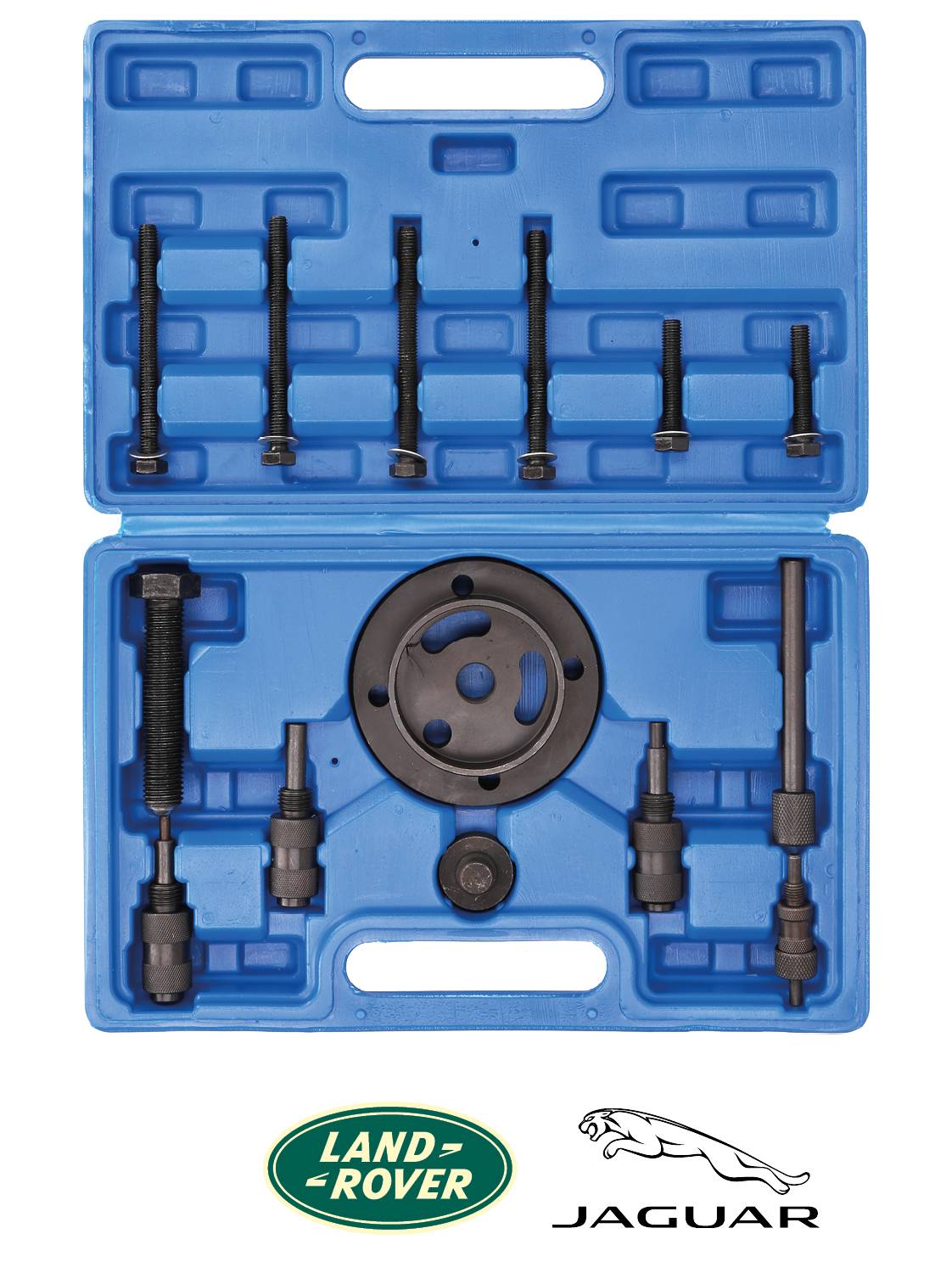 Niebieski zestaw narzędziowy z różnymi elementami metalowymi, w tym śrubami i narzędziem o kształcie koła. Logotypy Land Rovera i Jaguara na dole.