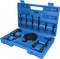 Niebieski kufer z różnymi czarnymi narzędziami ułożonymi w przeznaczonych do tego przegródkach.
