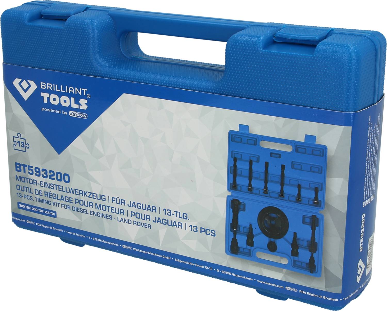 Niebieski zestaw narzędzi do regulacji silnika, 13-elementowy, odpowiedni dla silników Diesla Jaguara i Land Rovera.