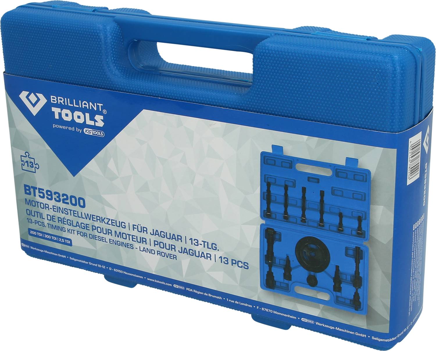 Niebieski kufer narzędziowy z napisem 'Brilliant Tools'. Zawiera 13-częściowy zestaw narzędzi do ustawiania silnika do samochodów Jaguar i Land Rover.