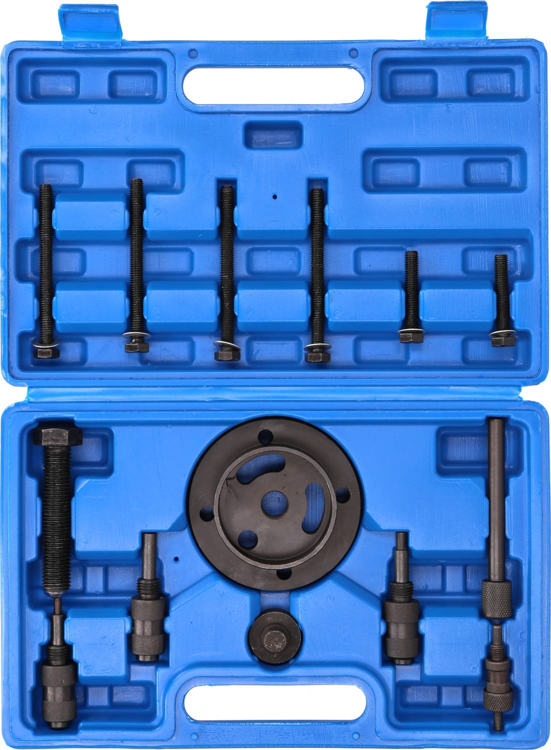 Zestaw ściągaczy do łożysk samochodowych w niebieskiej skrzynce plastikowej. Zawiera różne adaptery i śruby do demontażu łożysk i piast.