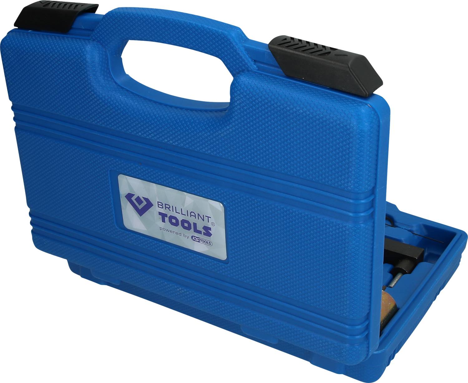 Niebieski kufer na narzędzia z uchwytem, częściowo otwarty. Zawiera różne narzędzia. Widoczna naklejka z logo i nazwą firmy.