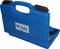 Niebieski kufer na narzędzia z uchwytem, częściowo otwarty. Zawiera różne narzędzia. Widoczna naklejka z logo i nazwą firmy.