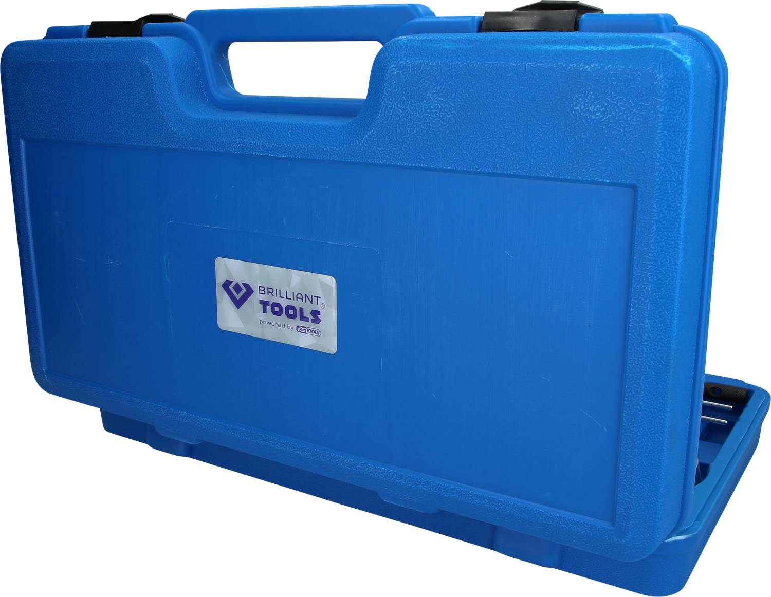 Niebieski kufer na narzędzia z uchwytem, obok logo 'Brilliant Tools'.