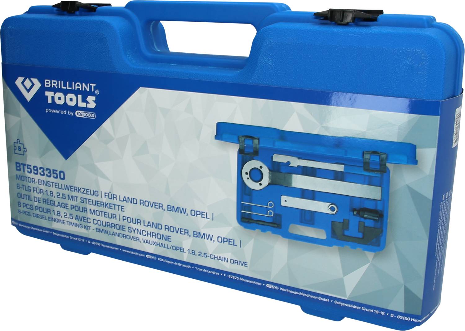 Niebieski kufer z napisem 'Brilliant Tools'. Zawiera 6-częściowy zestaw narzędzi do ustawiania silnika do pojazdów takich jak Land Rover, BMW i Opel.