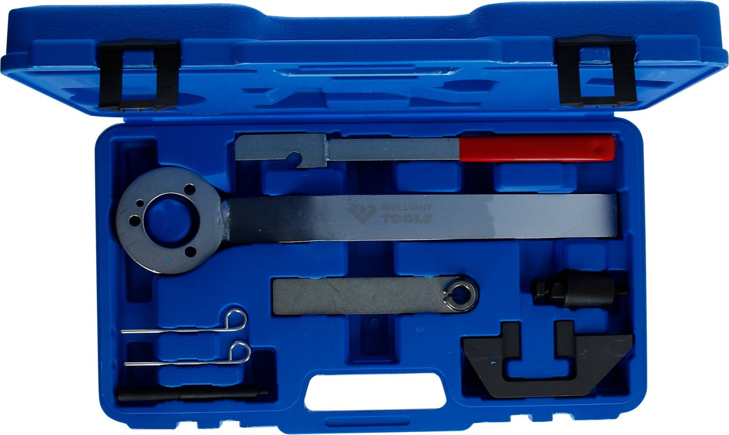 Niebieski kufer narzędziowy z specjalistycznymi narzędziami do naprawy samochodów, w tym klucz nastawny, bolce zabezpieczające i narzędzie mocujące.