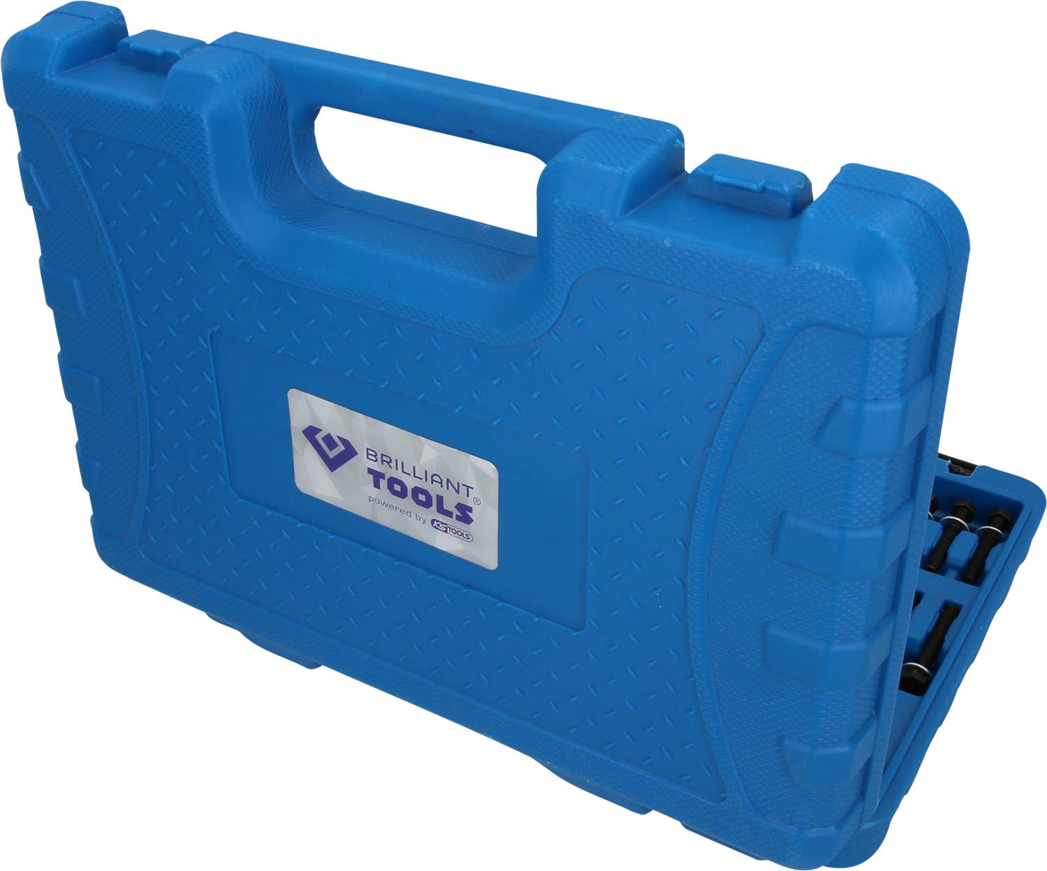 Niebieski walizka na narzędzia z logo 'Brilliant Tools', solidna i poręczna, częściowo otwarta, ukazująca widok zgromadzonego w środku sprzętu.