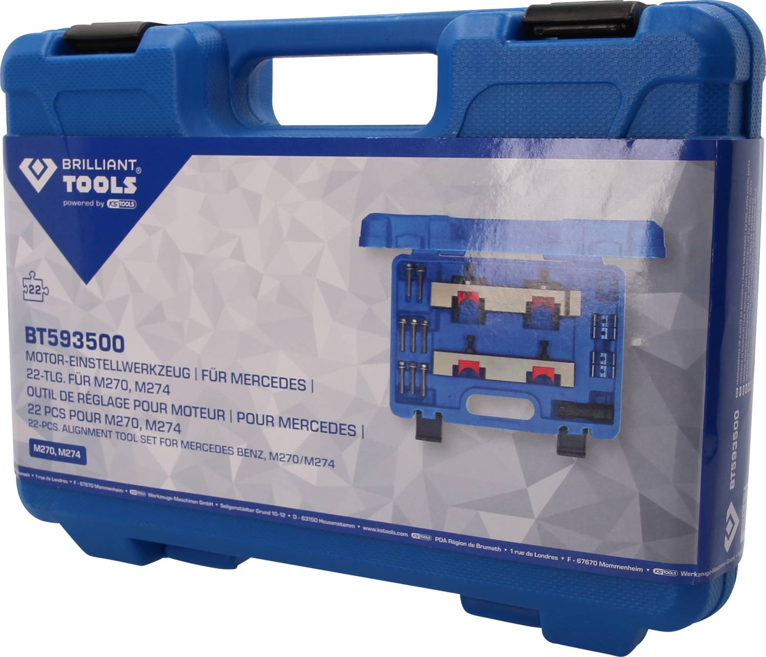 Niebieski kufer narzędziowy z napisem 'Narzędzia warsztatowe do regulacji silnika Mercedes' oraz ilustracjami narzędzi na przedniej stronie.