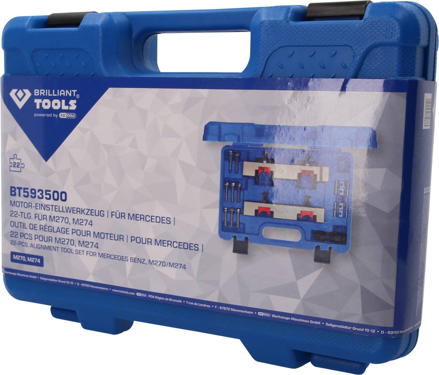 Niebieski kufer narzędziowy z napisem 'NARZĘDZIE DO REGULACJI SILNIKA DO MERCEDES'. Zawiera 22-częściowy zestaw narzędzi do regulacji silnika.