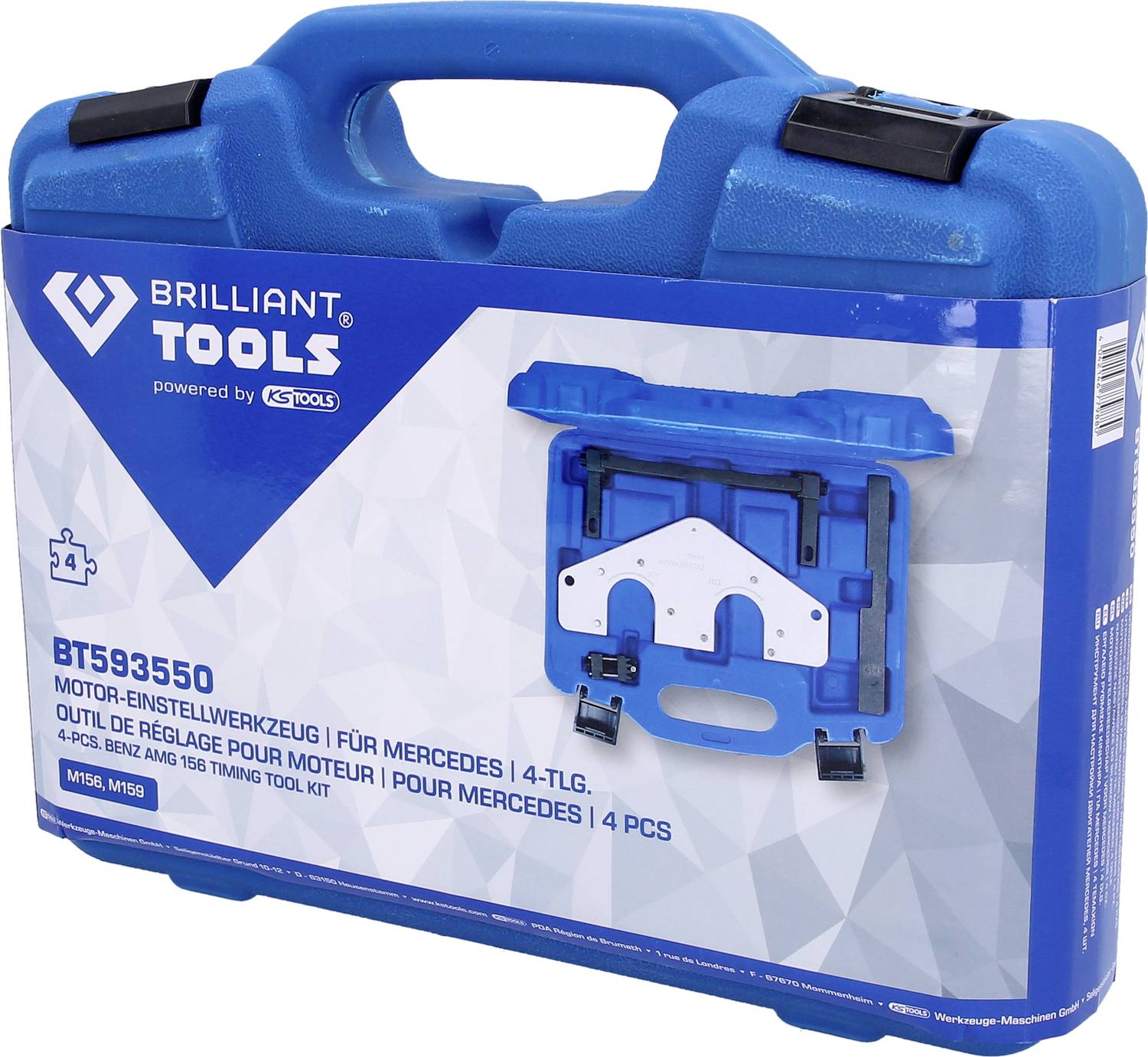 Niebieski kufer z logo 'Brilliant Tools', zawierający 4-częściowy zestaw narzędzi do ustawiania silnika do samochodów Mercedes-Benz.