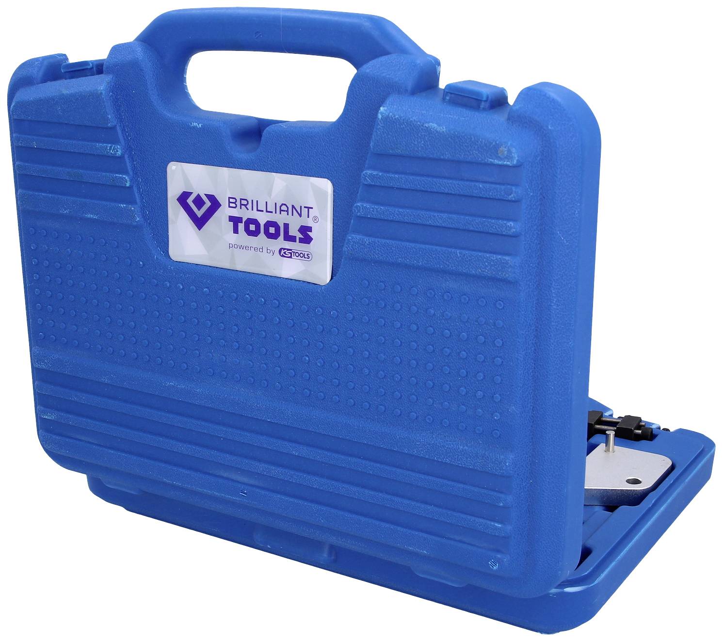 Niebieski kufer na narzędzia z wytłoczonym logo 'BRILLIANT TOOLS powered by KS TOOLS' na przedniej stronie.