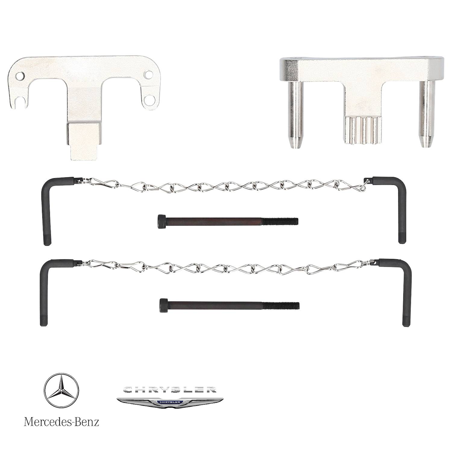 Zestaw narzędzi do ustawiania silników Mercedes-Benz i Chrysler. Zawiera narzędzia w kształcie litery T, śruby, łańcuchy i logo marek.