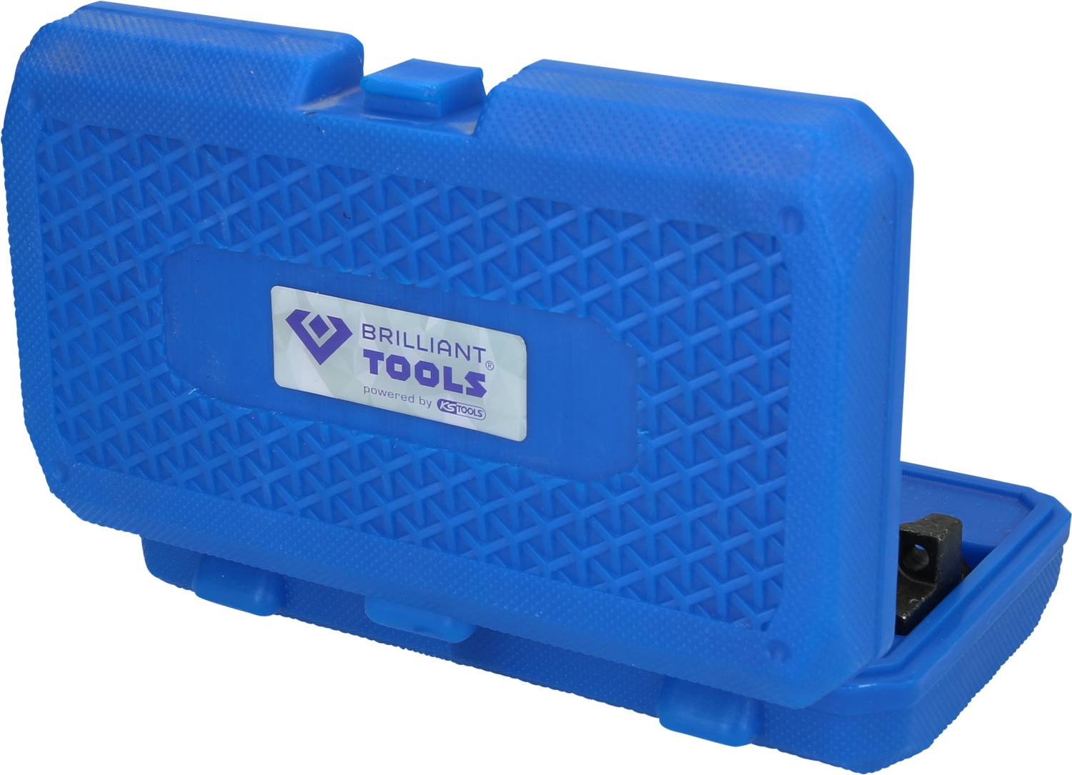 Niebieski walizka narzędziowa z logo 'BRILLIANT TOOLS'. Powierzchnia ryflowana, skrzynka transportowa na narzędzia, wykonana z wytrzymałego tworzywa sztucznego.