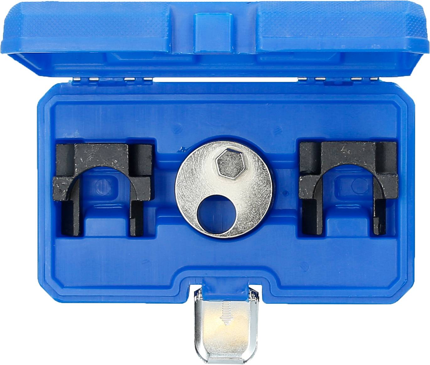 Niebieskie plastikowe etui z otwartą pokrywą prezentuje różne metalowe narzędzia, w tym dwie czarne uchwyty i okrągłą tarczę.