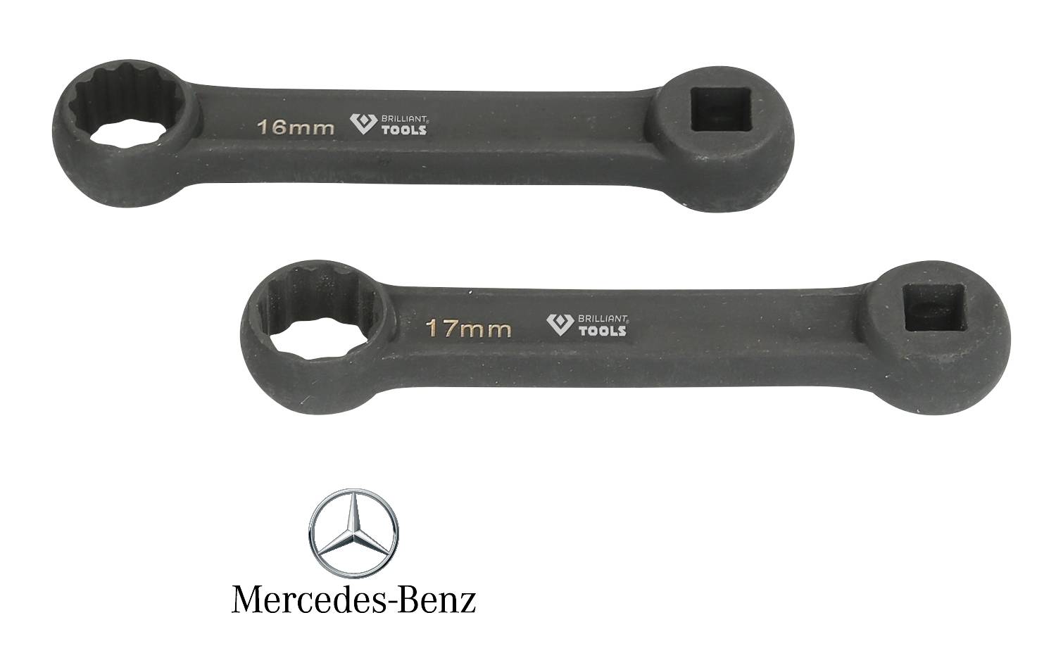 Dwa klucze oczkowe z grzechotką firmy Brilliant Tools, jeden o rozmiarze 16 mm, drugi 17 mm. Poniżej logo Mercedes-Benz.