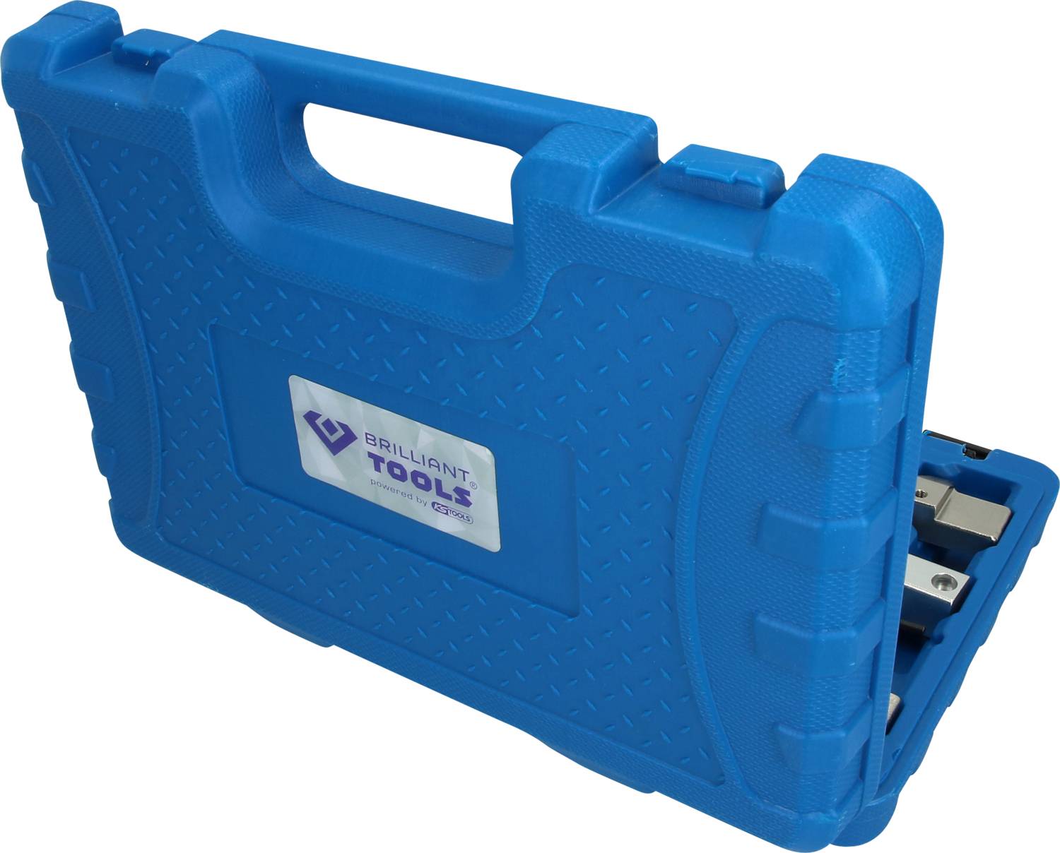 Niebieska skrzynka narzędziowa z uchwytem, na której znajduje się logo z napisem 'Brilliant Tools'.
