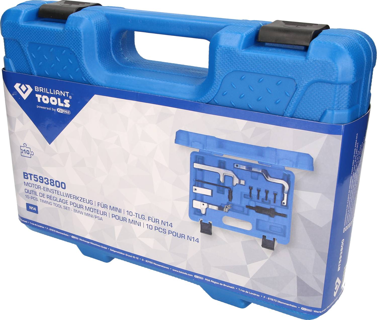 Niebieski kufer z napisem 'Brilliant Tools'. Zawiera specjalistyczne narzędzia do ustawiania silnika dla określonych modeli pojazdów.