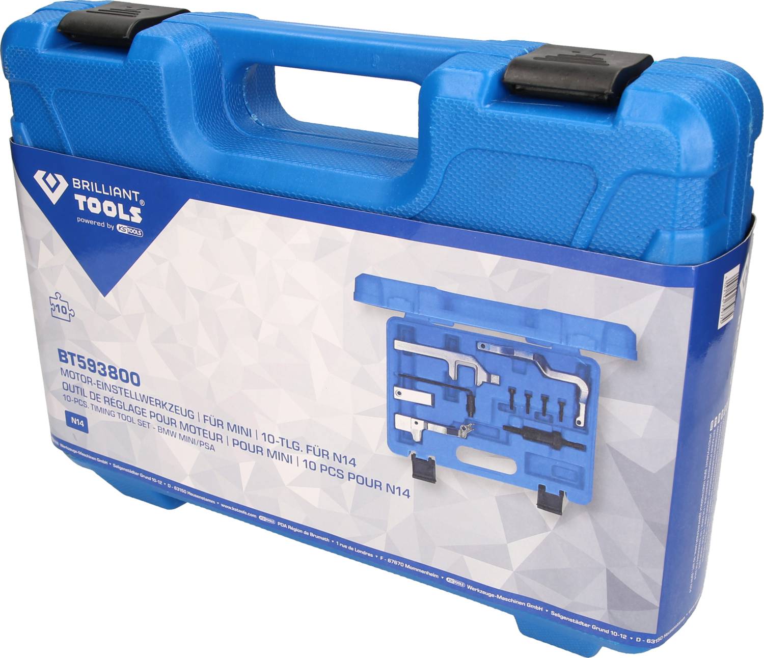 Niebieski kufer narzędziowy z napisem 'BT593800 Narzędzia do ustawiania silnika' oraz ilustracją narzędzi wewnątrz na etykiecie.