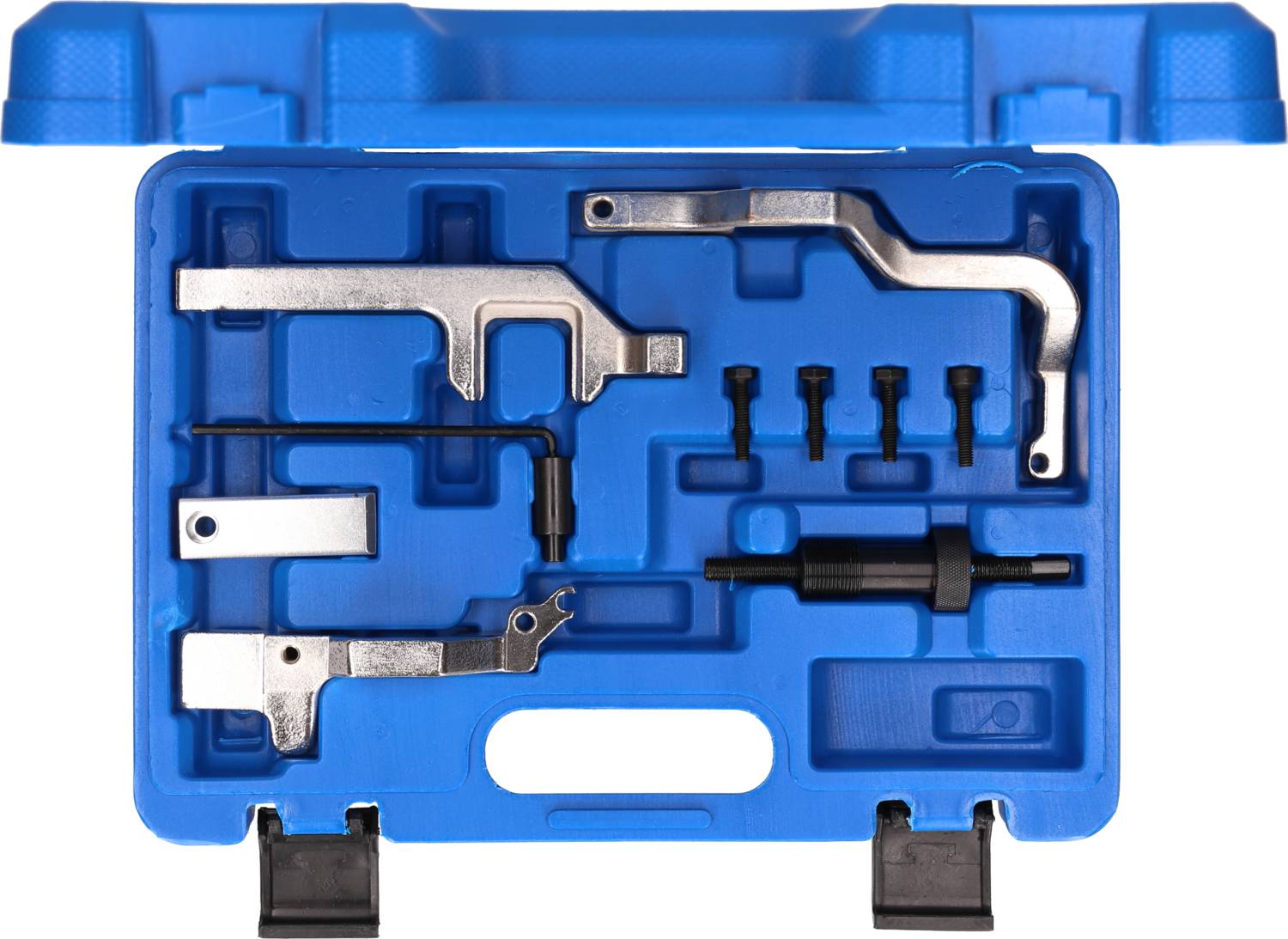Niebieskie plastikowe etui zawiera narzędzia i różne metalowe części, w tym śruby oraz czarne narzędzie z uchwytem.