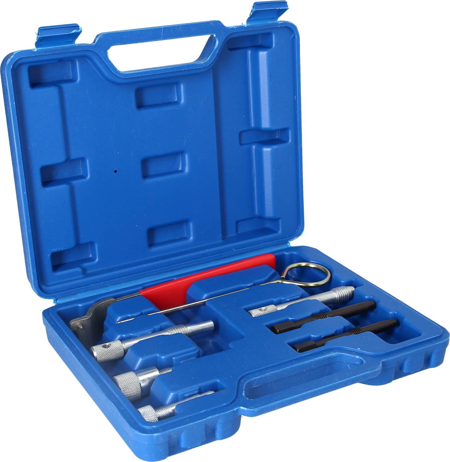 Otwarty niebieski kufer na narzędzia z różnymi narzędziami, w tym śrubokrętami i szczypcami, umieszczonymi w profilowanej wkładce piankowej.