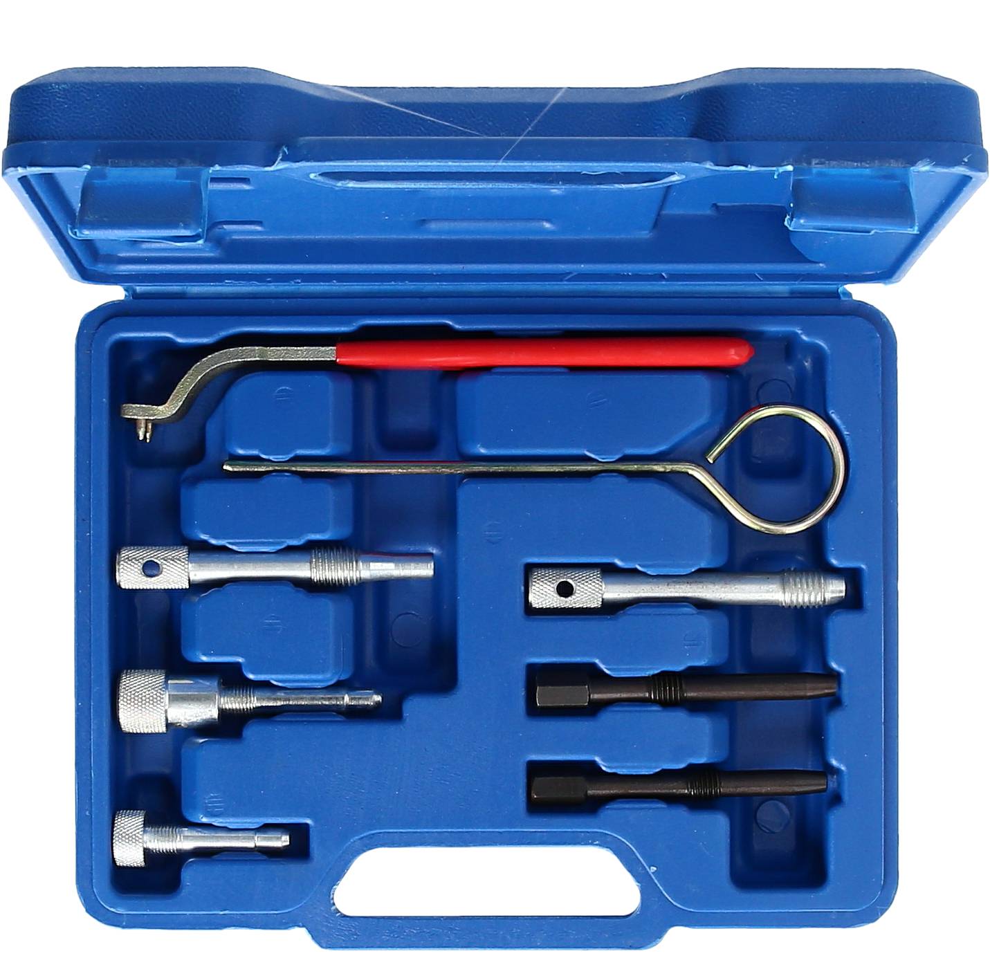 Niebieski kufer narzędziowy z różnymi metalowymi narzędziami, w tym hakami i elementami śrubowymi, przeznaczony do prac naprawczych.