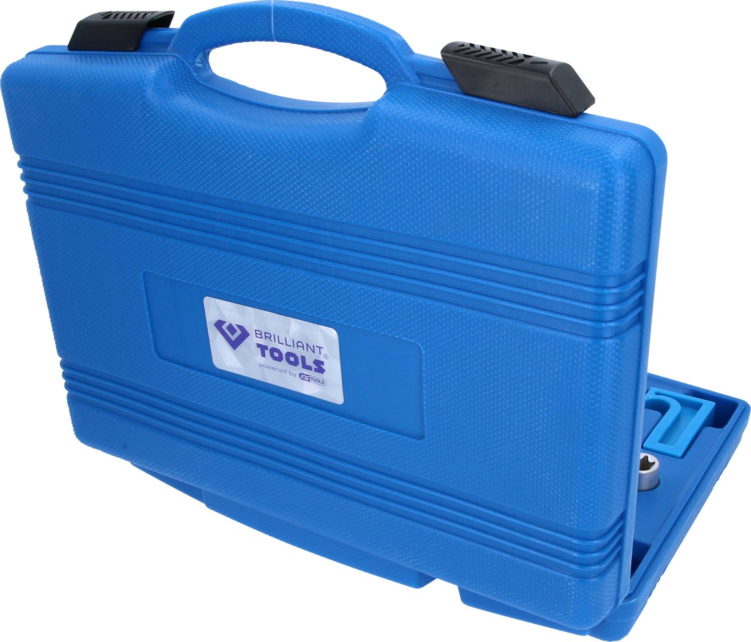 Niebieski kufer na narzędzia z uchwytem, lekko otwarty, przedstawiający wewnętrzne przegródki. Widoczna etykieta 'Brilliant Tools'. Idealny do przechowywania narzędzi.