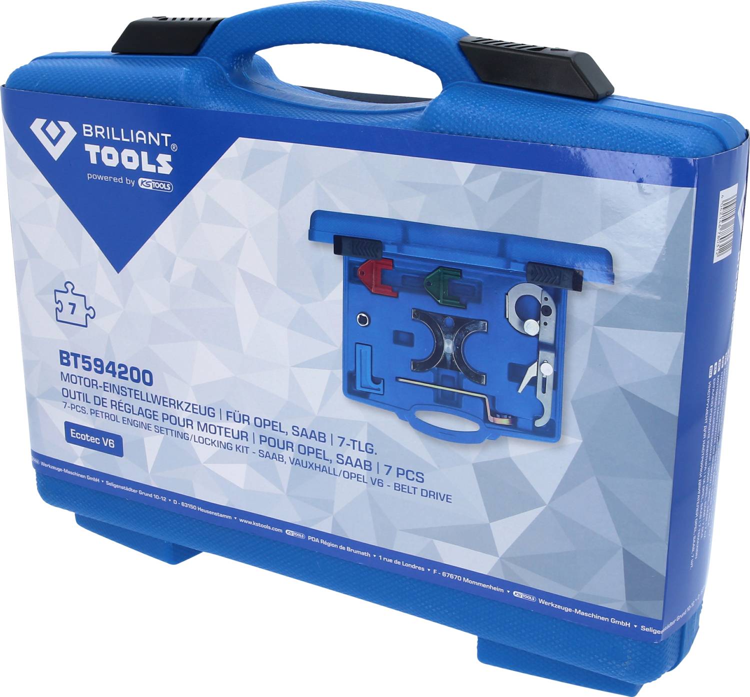 Niebieski zestaw narzędzi firmy 'Brilliant Tools' do regulacji silnika. Zawiera specjalistyczne narzędzia do samochodów Opel i Saab.