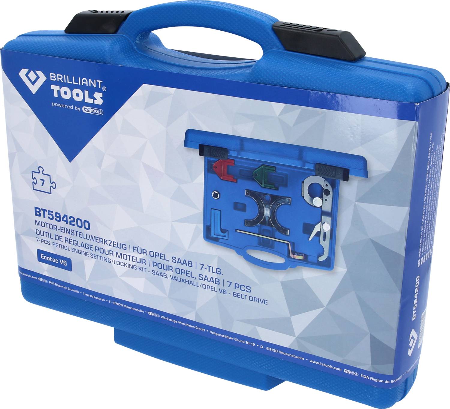 Zestaw narzędzi do ustawiania silnika Brilliant Tools BTS9420 dla Opel, Saab, 7-elementowy. Niebieski kufer z obrazkiem narzędzi na opakowaniu.