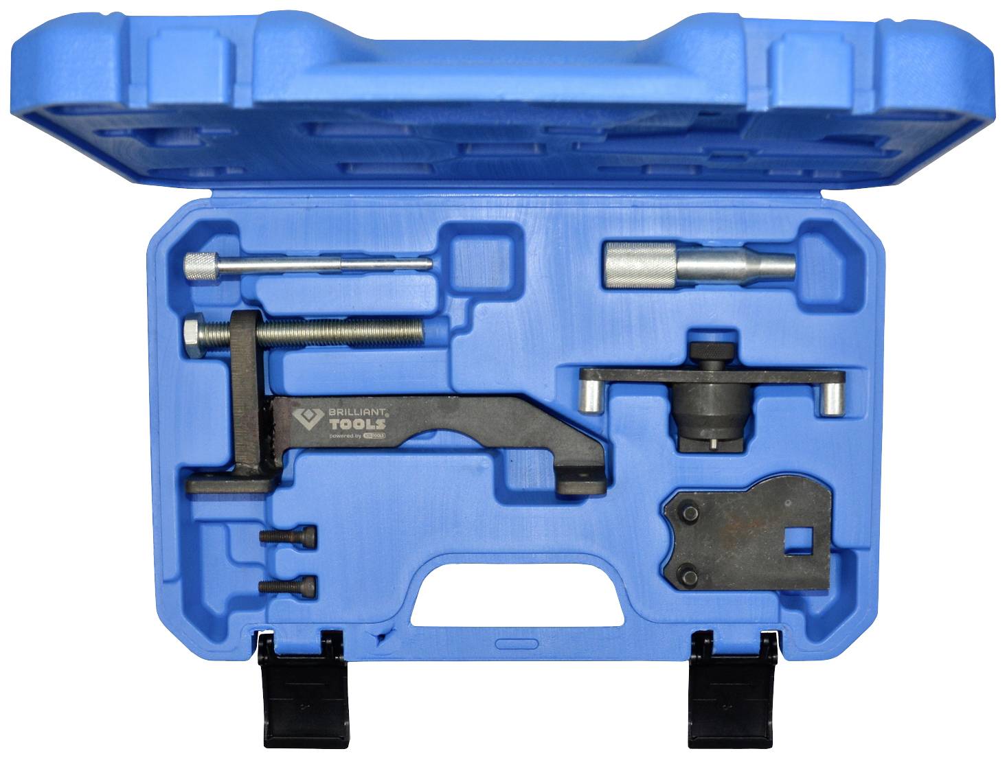 Otwarty niebieski kufer narzędziowy z różnymi narzędziami samochodowymi do prac związanych z wałkiem rozrządu i silnikiem.